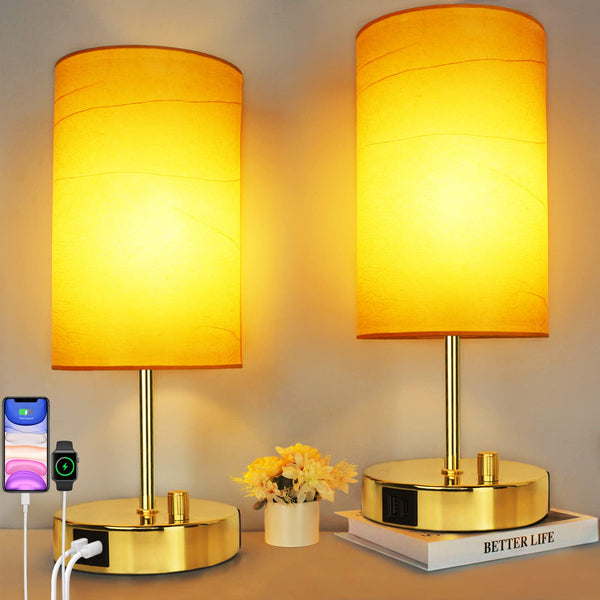 Allesgute Bedside Lamps Set of 2, Fully Dimmable Table Light with USB A + C Charging Ports, Modern Gold Desk Lamp for Bedroom Living Room Office, E27