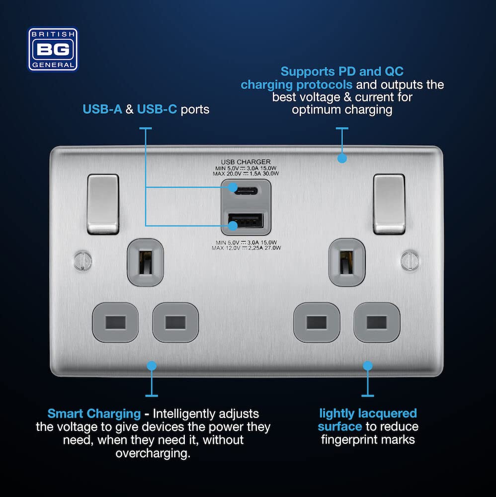 BG Electrical Cooker Switch with Socket and LED, Cooker Control Unit, Control Socket, Double Pole, Raised Profile, Round Edges, Nexus Metal, Brushed Steel, Grey Inserts, 45A, NBS70G