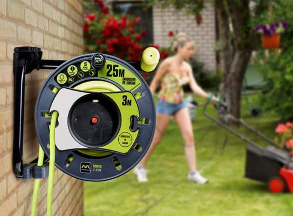 Masterplug Pro-XT Four Socket Open Cable Reel Extension Lead with Winding Handle, Thermal Cut Out and Power Switch, 25 Metres High Visibility Cable , Green