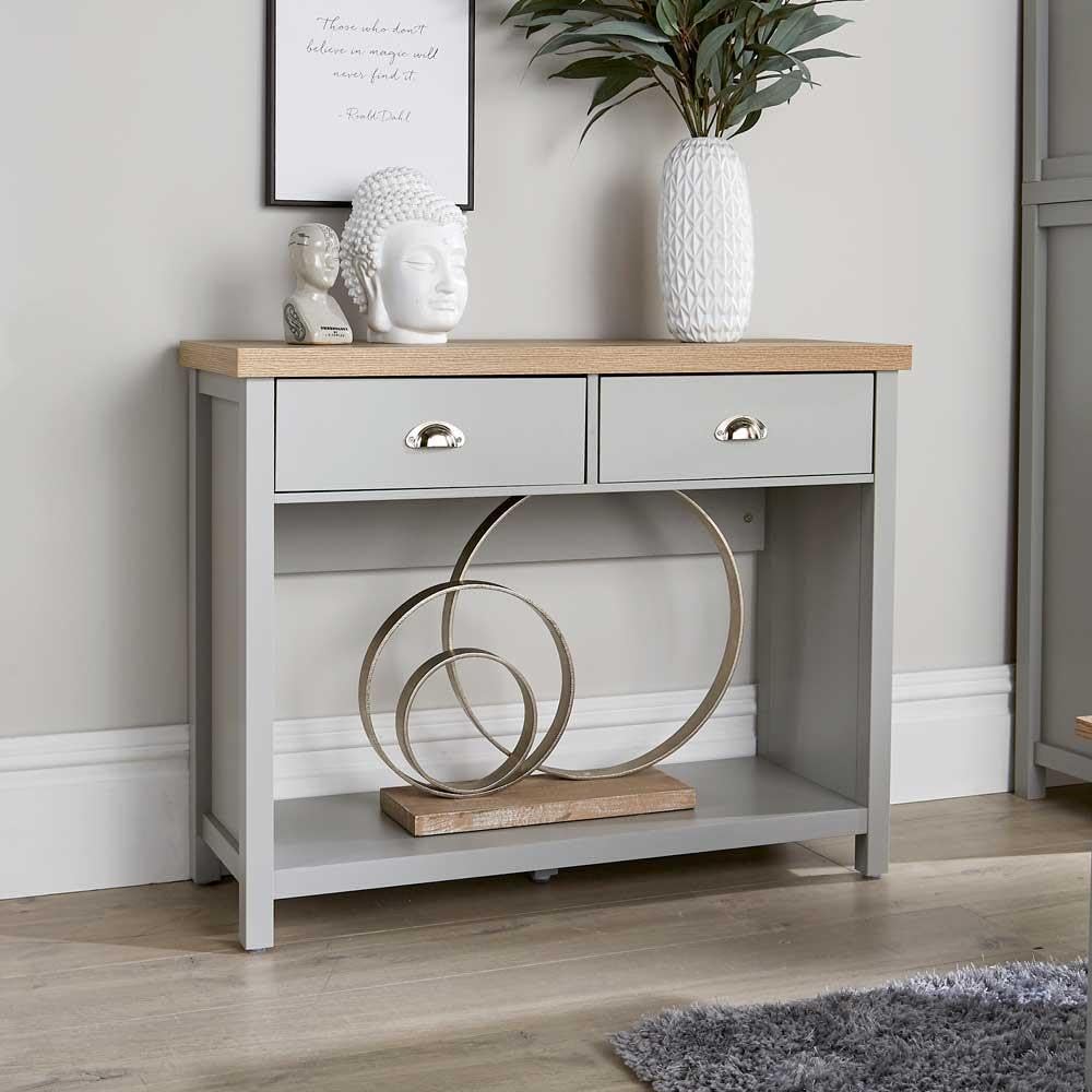 Home Source 2 Drawer Console Side Table Compact Sideboard Storage, Grey, Oak Effect