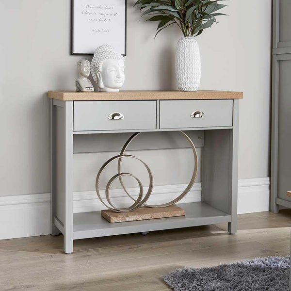 Home Source 2 Drawer Console Side Table Compact Sideboard Storage, Grey, Oak Effect