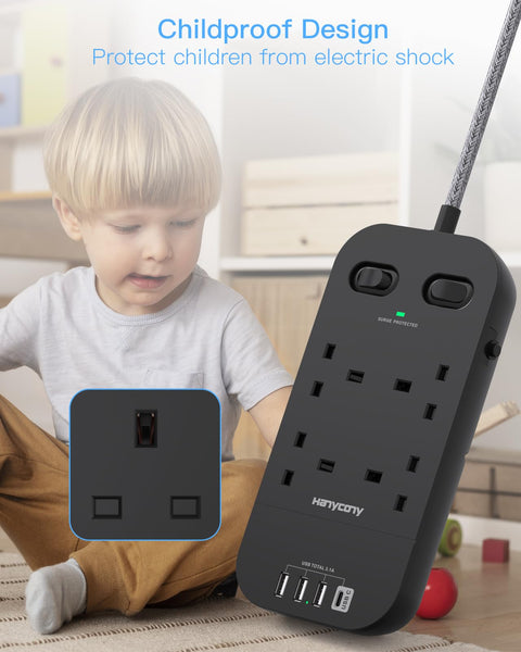 4 Way Surge Protected Extension Lead with USB Slots, HANYCONY Extension Cable with Double Switches, Plug Extension Socket 1.8M Braided Extension Cord for Home Office Accessories, Gray