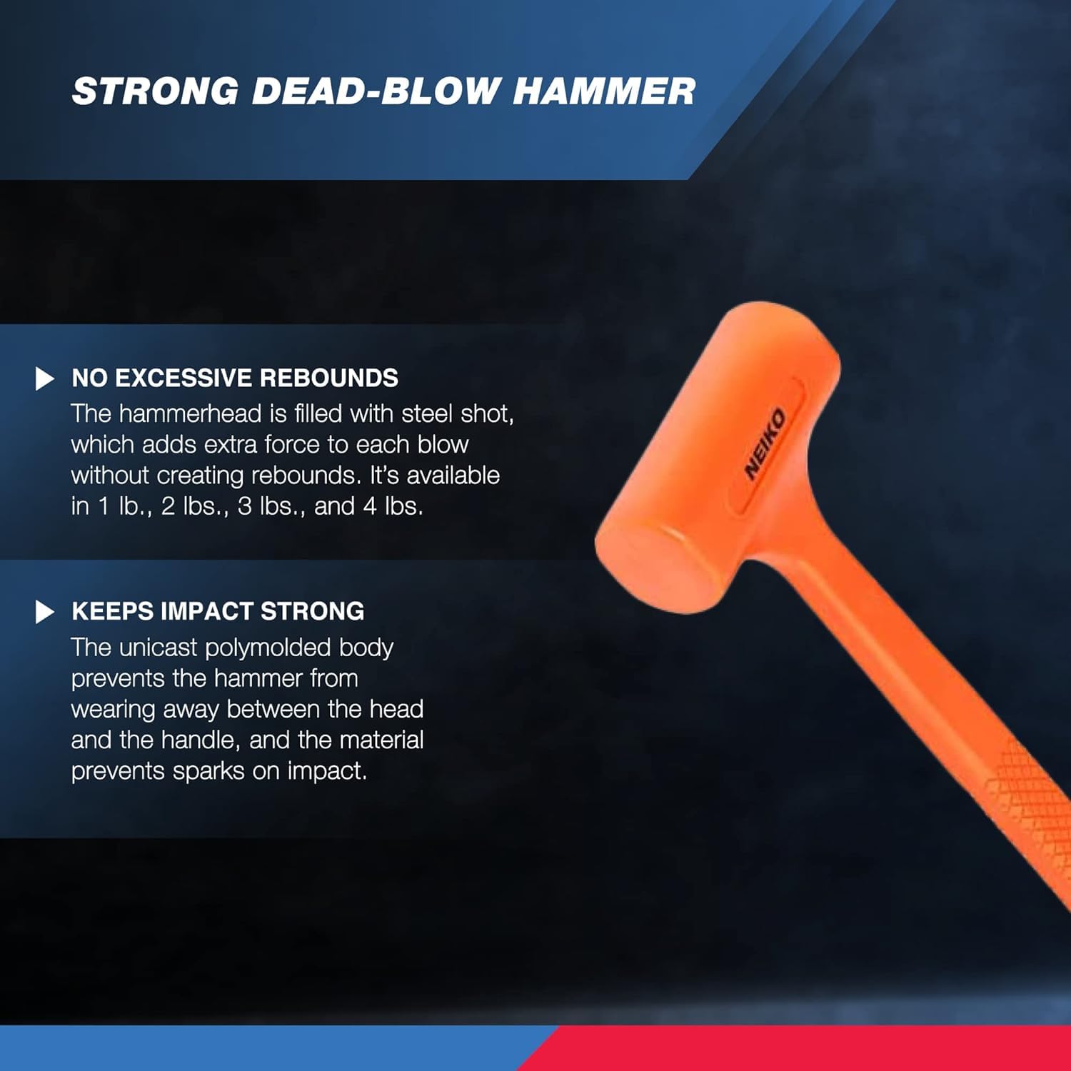 Neiko 02847A 2 LB Dead Blow Hammer, Neon Orange I Unibody Molded | Checkered Grip | Spark and Rebound Resistant