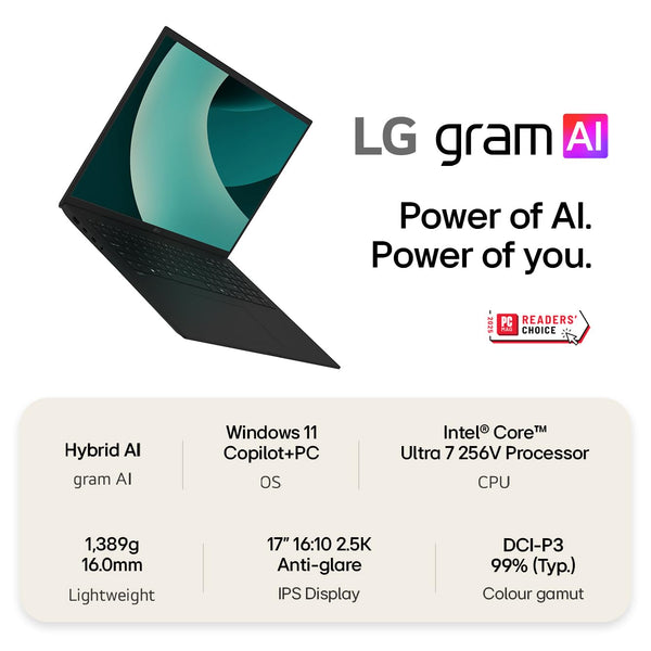 LG gram 16Z90TL - 16 Inch 2.5K IPS Ultra-Lightweight Laptop, Intel Core Ultra 7 256V 47TOPS NPU - EVO Edition, 16GB RAM, 1TB SSD, Windows 11 Home, gram Hybrid AI, Copilot+ PC, Black (2025)
