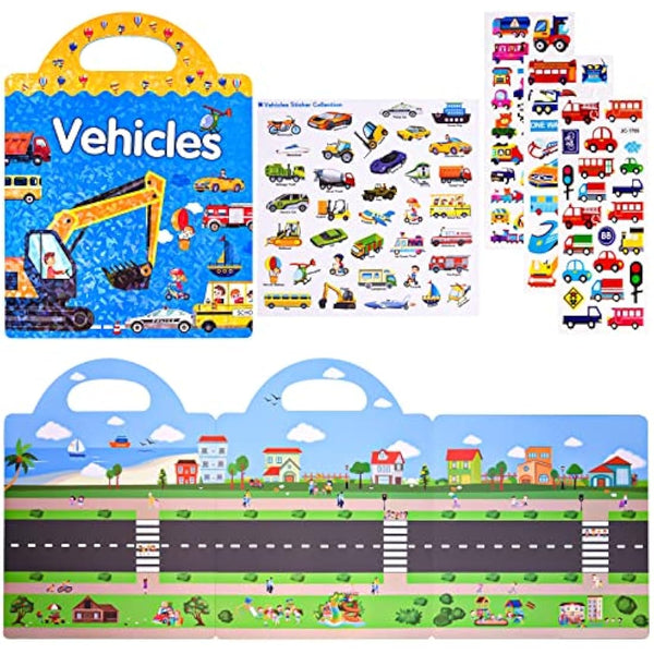 ASTARON Reusable 3D Puffy Sticker Book for Kids, 88 Pcs Cute Waterproof Vehicles Stickers, Puffy Sticker Game Travel Stickers and Educational Sensory Learning Toy（3-6 Age）
