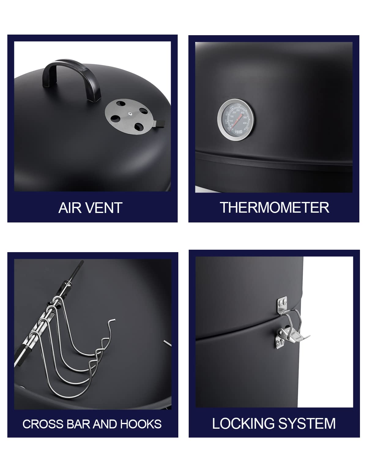 SUNLIFER Charcoal BBQ Grill, Heavy Duty 3-in-1 Barbecue Smoker Grill for Garden Camping Outdoor Cooking and Grilling 89x56x43CM