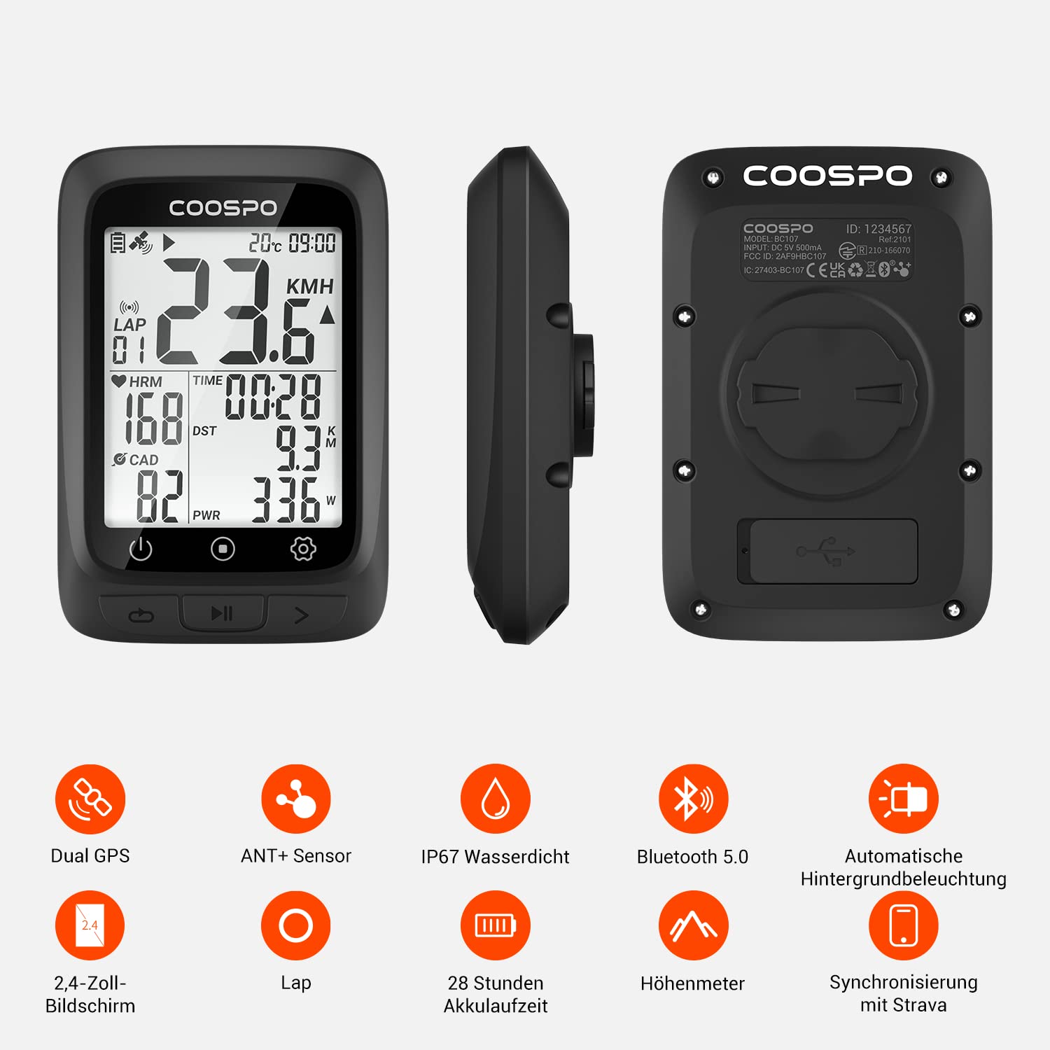 COOSPO ANT+ GPS Wireless Bike Computer with Bluetooth, Multifunction ANT+ GPS Bike Computer with 2.4 Inch LCD Display, Bike Speedometer with Automatic Backlight IP67