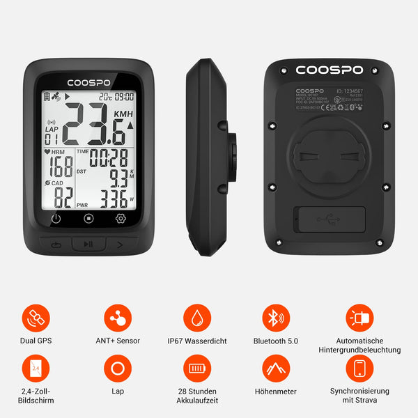 COOSPO ANT+ GPS Wireless Bike Computer with Bluetooth, Multifunction ANT+ GPS Bike Computer with 2.4 Inch LCD Display, Bike Speedometer with Automatic Backlight IP67