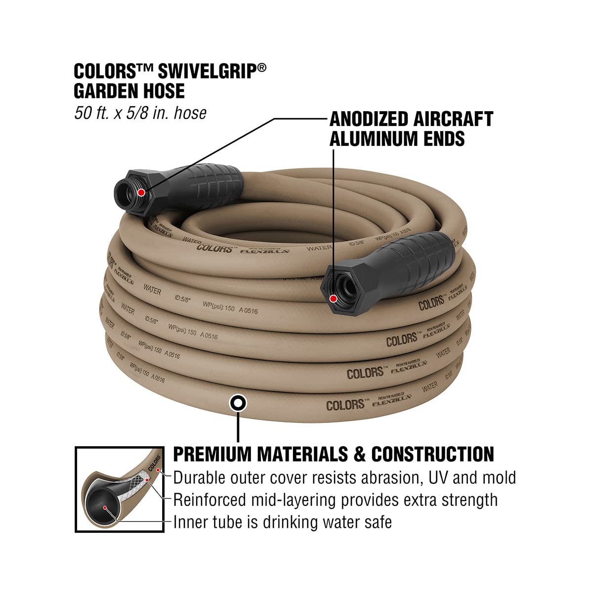 Flexzilla Colors Garden Hose with SwivelGrip, 5/8 in. x 50 ft., Drinking Water Safe, Brown Mulch - HFZC550BRS