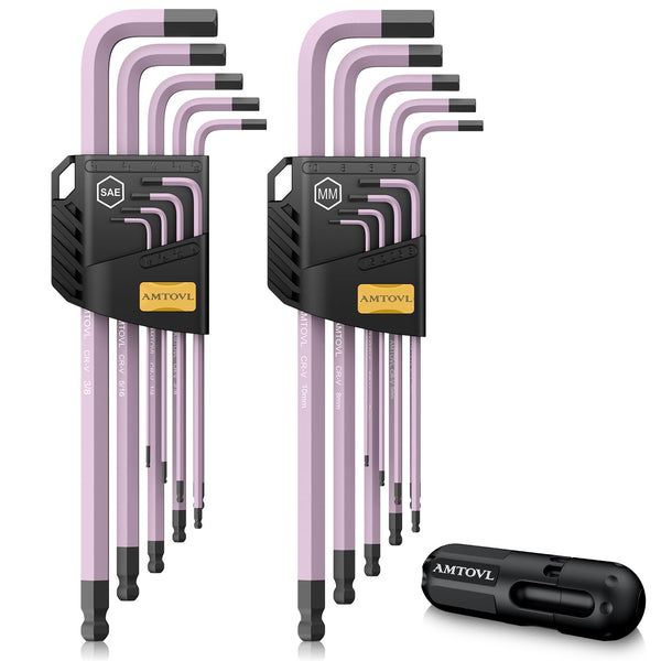 AMTOVL Hex Key Set, Allen Wrench Set, 18PCS Metric and SAE Allen Key Set Extra Long with Ball End T-Handle CRV & S2 Steel 1.5mm-10mm, 1/16-3/8