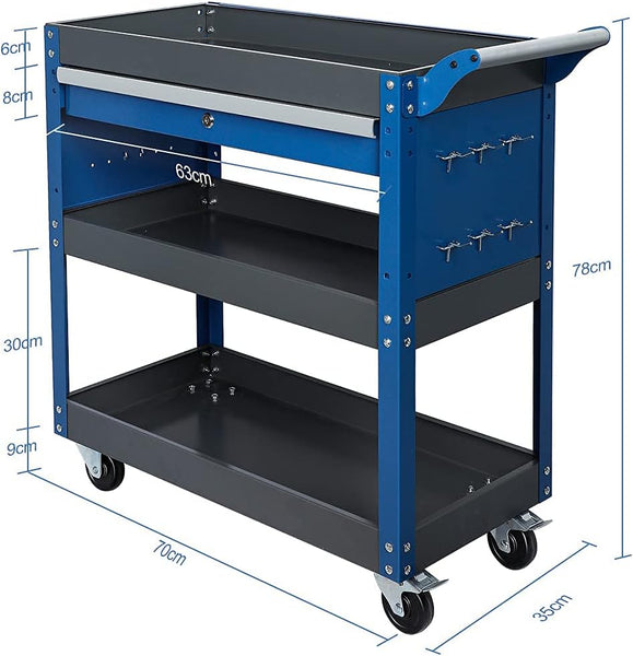 AIRAJ 3-Layer Tool Trolley,78 * 35 * 70cm Heavy Duty Tool Trolley, Metal Tool Cart with large Lockable Drawer and Rack,Work Trolley for Transport Tools,Load Capacity 200KG,Can Hold Heavy Equipment