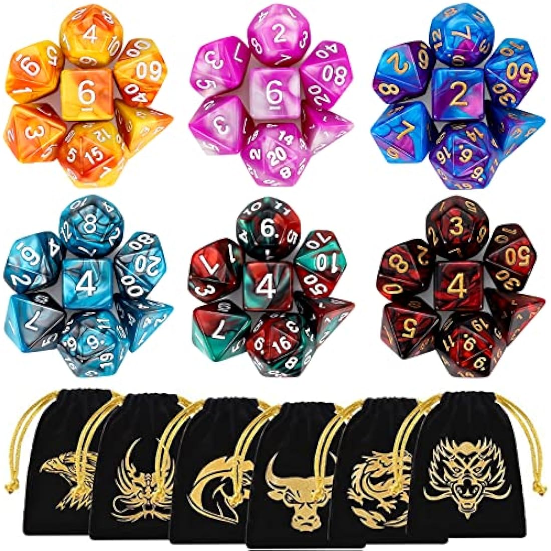 DND Dice, QMAY 6 x 7 Set Polyhedral Double-Color Dice Sets with 6 Gold Pattern Drawstring Pouches for Dungeon and Dragons MTG Table Games RPG DND D20 D12 D10 D% D8 D6 D4