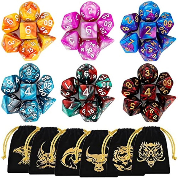 DND Dice, QMAY 6 x 7 Set Polyhedral Double-Color Dice Sets with 6 Gold Pattern Drawstring Pouches for Dungeon and Dragons MTG Table Games RPG DND D20 D12 D10 D% D8 D6 D4