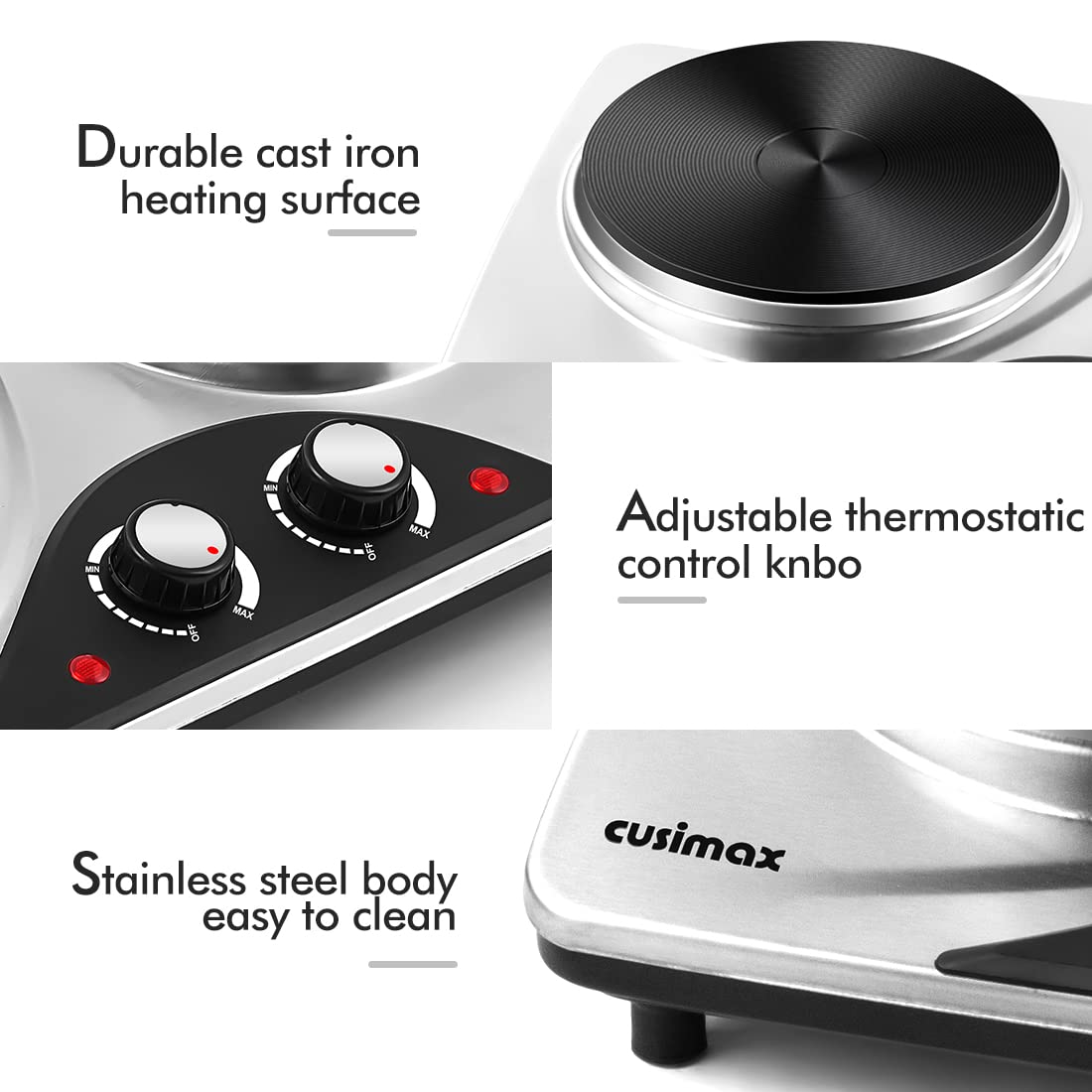 Double Hot Plate, CUSIMAX Electric Hot Plate for Cooking Portable Electric Hob, Cooktop Table Top Hob with 2 Cast Iron Portable Hob Rings Electric