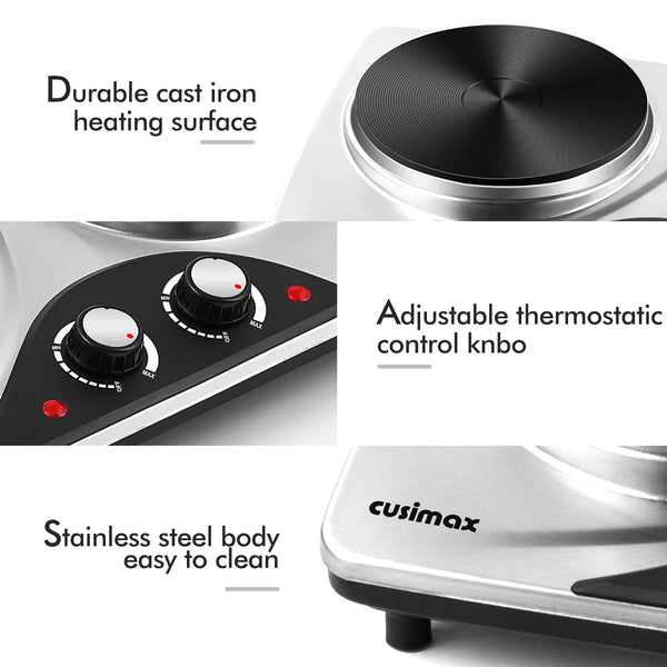Double Hot Plate, CUSIMAX Electric Hot Plate for Cooking Portable Electric Hob, Cooktop Table Top Hob with 2 Cast Iron Portable Hob Rings Electric