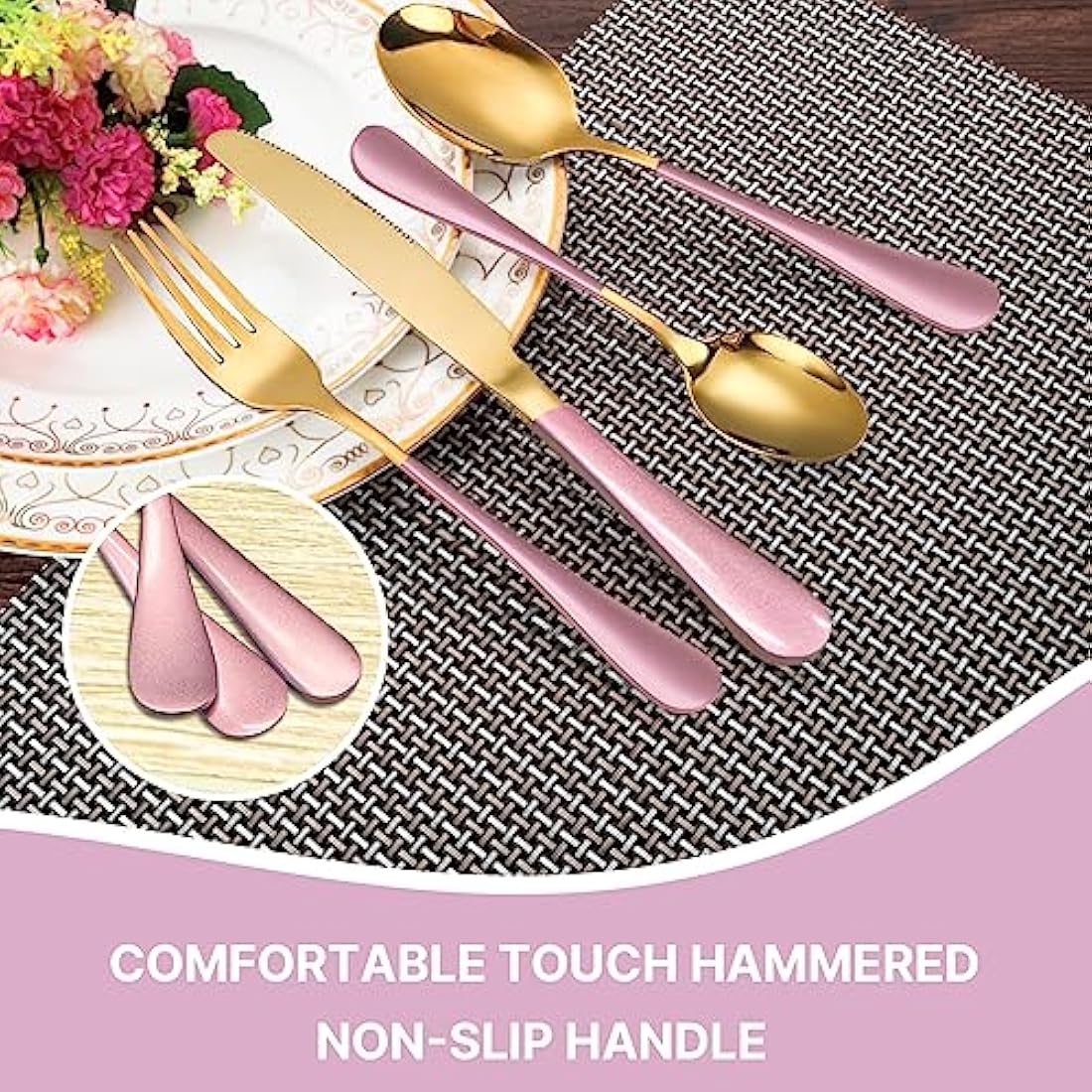 24 Piece Flatware Set, Stainless Steel Cutlery Set with Silverware Holder, Spoons, Forks, and Knives, Utensil Set Service for 6, Gold Mirror Polished and Matte Pink Painted (Pink)