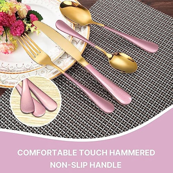 24 Piece Flatware Set, Stainless Steel Cutlery Set with Silverware Holder, Spoons, Forks, and Knives, Utensil Set Service for 6, Gold Mirror Polished and Matte Pink Painted (Pink)