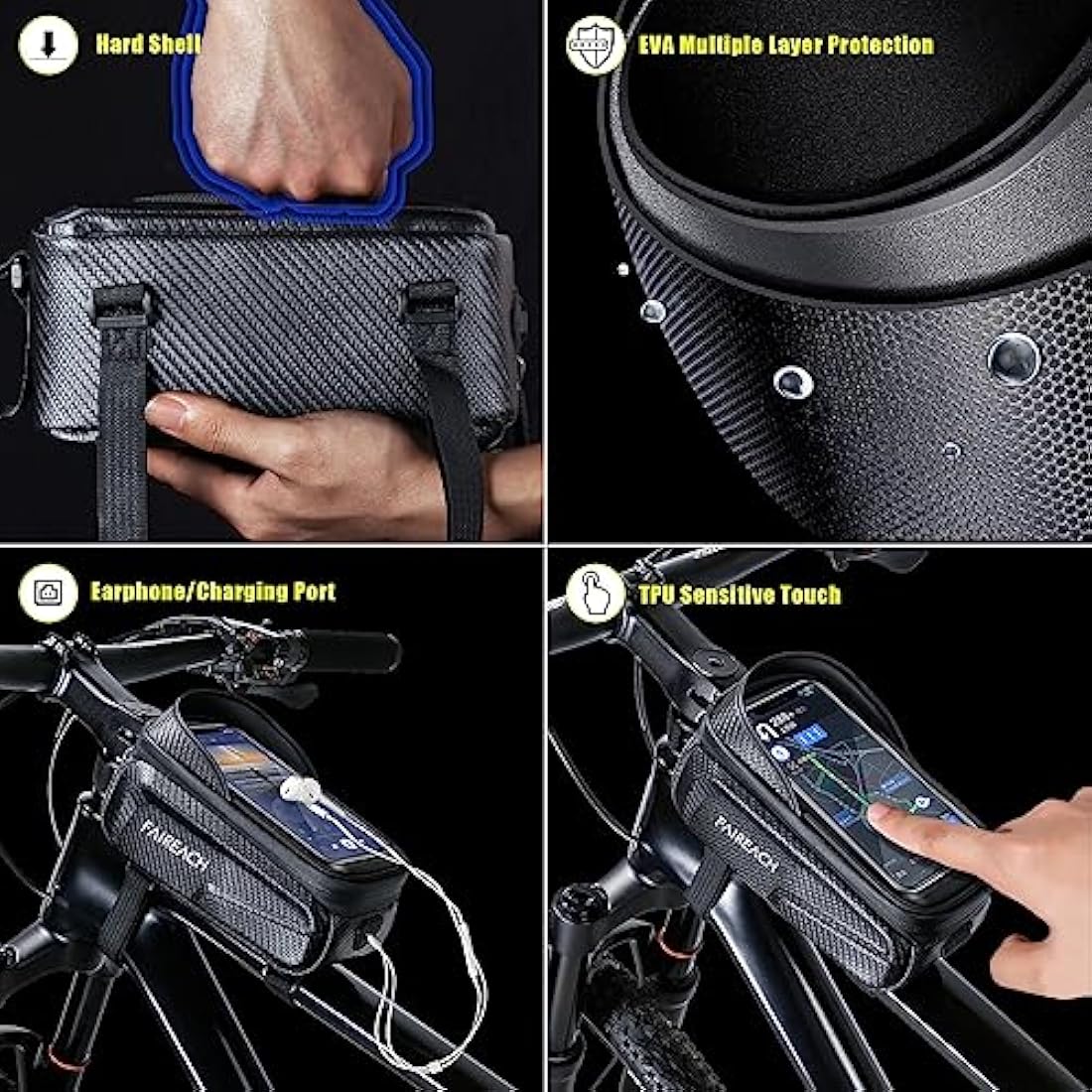 Faireach Bike Handlebar Bag with Mobile Phone Holder, Bicycle Frame Top Tube Pouch, Waterproof Cycle Cell Phone Mount with Touch Screen Window, for iPhone Samsung Smart Phone up to 6.8''