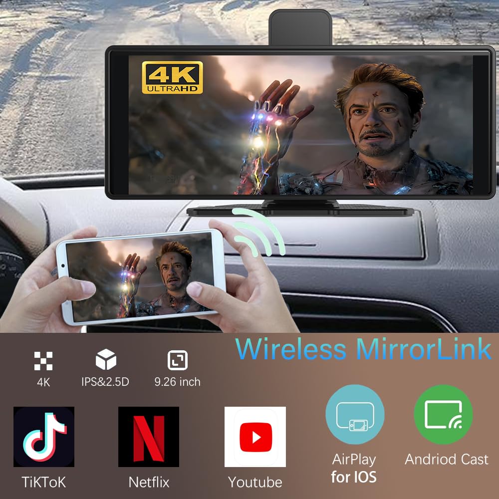 10.26" Wireless Carplay Screen 360 Rotation 4K Dash Cam Carplay & Android Auto Car Stereo Car Audio Receivers with 1080p Backup Camera GPS Navigation/Mirror Link/Voice Control/Siri