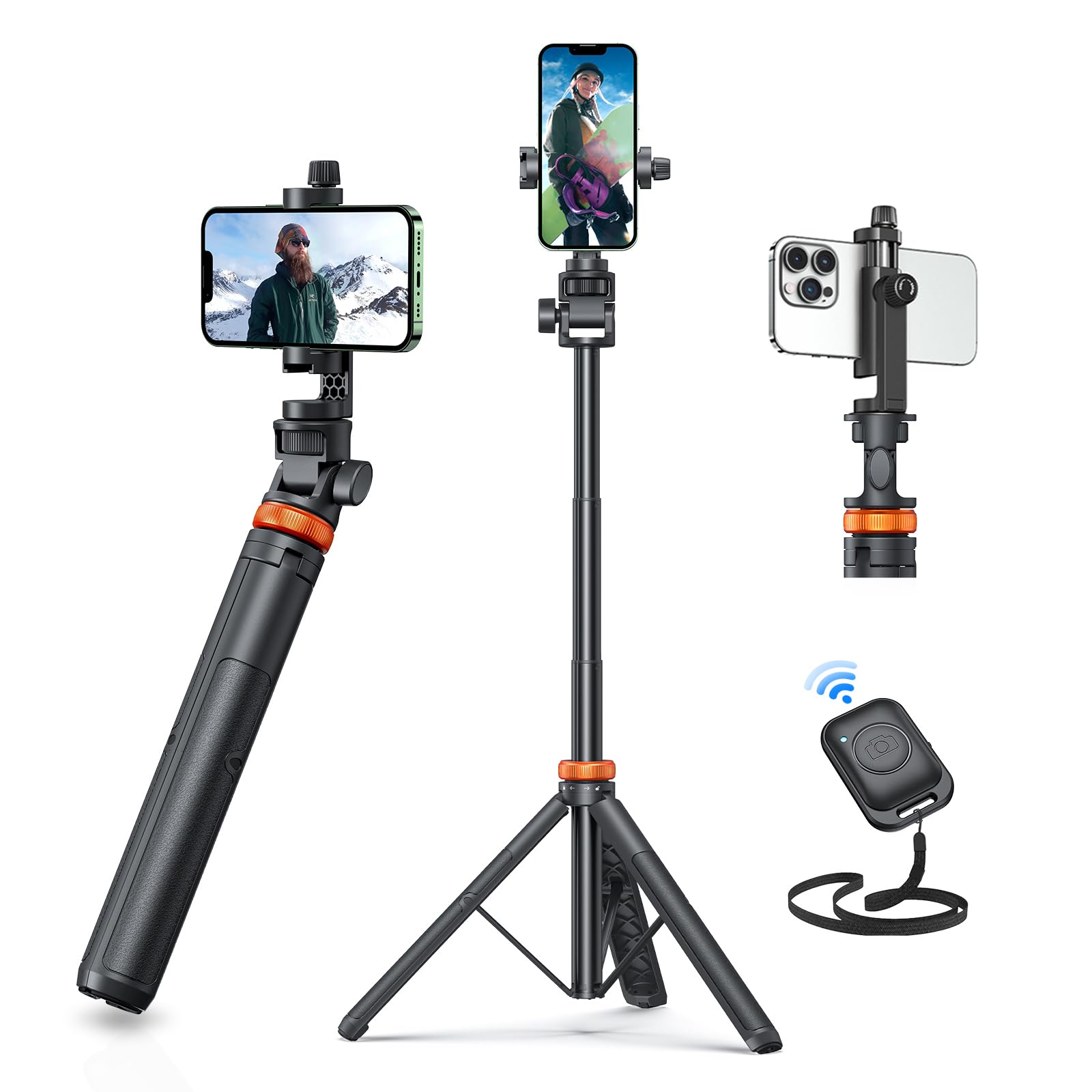 Newest 62" Phone Tripod - Tripod for iPhone & Selfie Stick with Remote, Extendable Phone Tripod stand for Filming,Travel, Solidest Smartphone Stick Compatible with iPhone and Android