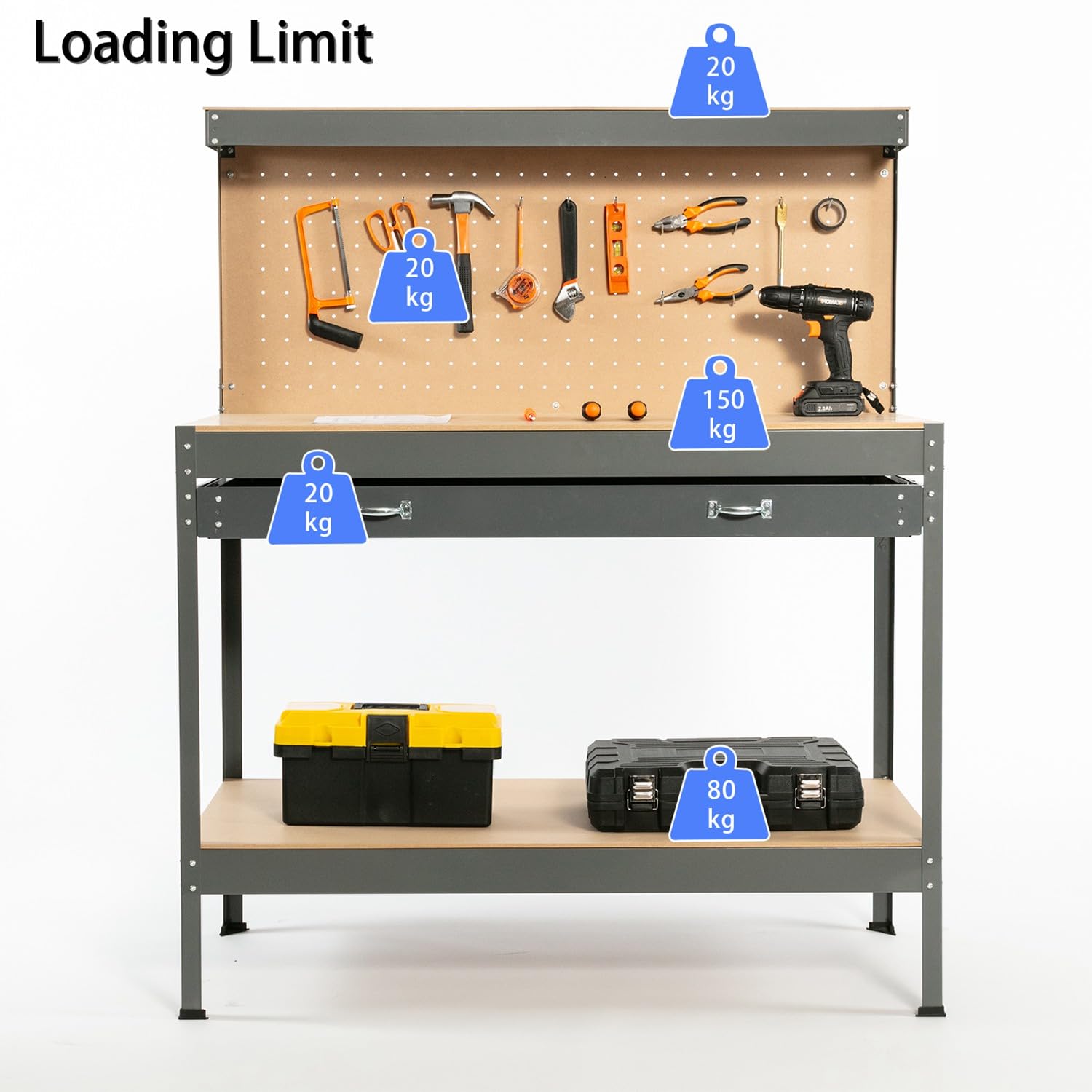 SwitZer New Red Steel Garage Tool Box Toolbox Work Bench Workbench Storage With Drawers Pegboard and 20 Pegs Shelf DIY Workshop Station