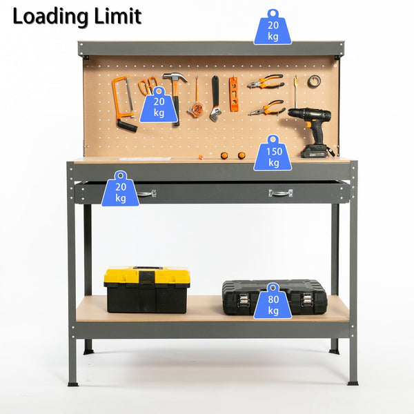 SwitZer New Red Steel Garage Tool Box Toolbox Work Bench Workbench Storage With Drawers Pegboard and 20 Pegs Shelf DIY Workshop Station