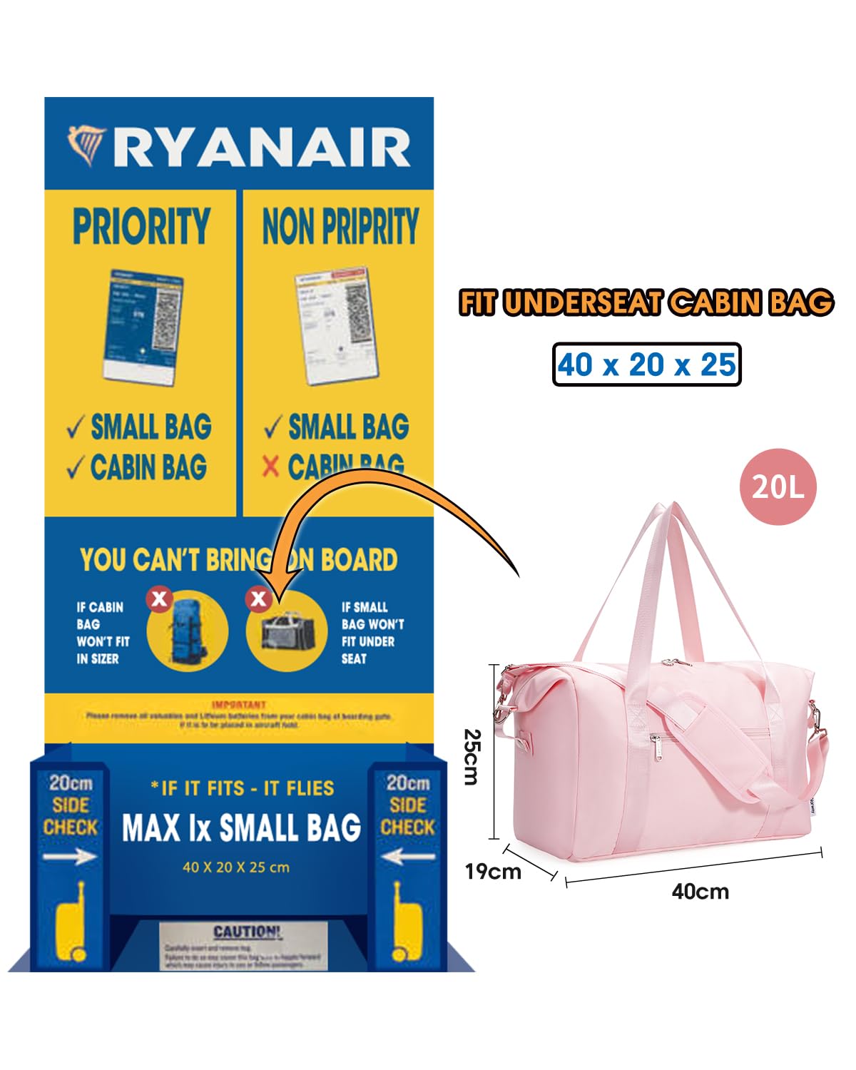 Narwey for Ryanair Cabin Bag 40x20x25 Underseat Ryan Air Bag Foladble Travel Duffel Hospital Carry on Hand Luggage Holdall Weekend Overnight Bag for Women and Men 20L (Beige with Green Straps)