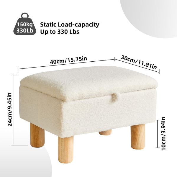 Aibiju Small Footstool with Storage, Faux Teddy Fur Foot Stool Ottoman with Wooden Legs, Change Shoes Stool for Living Room Bedroom Entryway