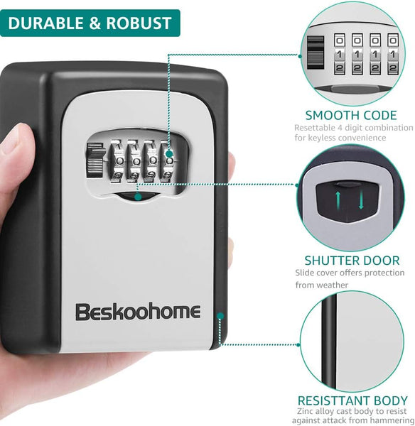 Key Safe Wall Mounted Lockbox - BeskooHome Waterproof Combination Key Lock Box, Zinc Alloy Key Storage with Slide Cover, Resettable Code, for House Spare Keys, Airbnb, Garage - Mounting Kit included