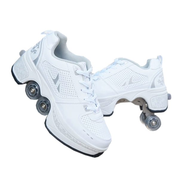 Duvetset Variable Skating Shoes, Kick Roller, Children's Roller Skating Shoes, Roller Skating, Adult Straight Skating Shoes, (White Silver, 35/UK3)