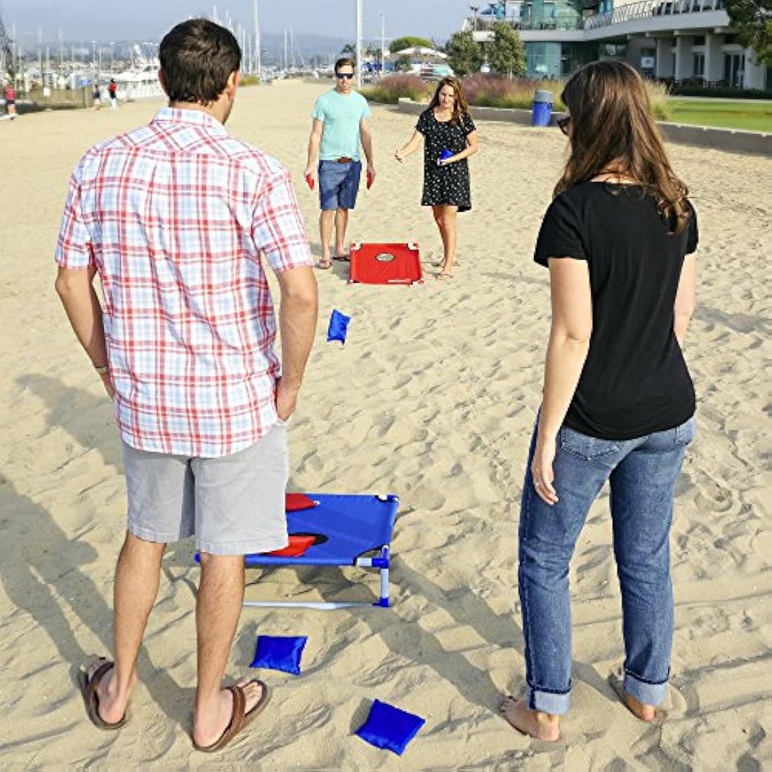GoSports Portable PVC Framed Cornhole Game Set with 8 Bean Bags & Travel Carrying Case, Red; Blue