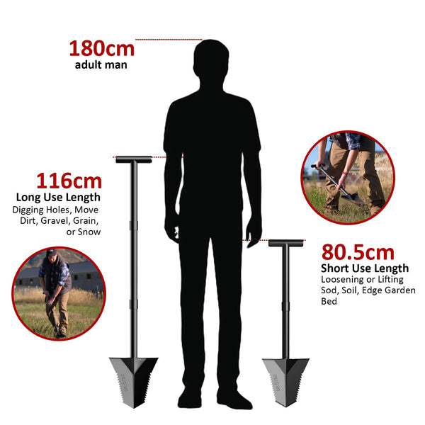 DR.?TEK Spade Shovel, Heavy Duty Garden Digging Shovel, T Handle, Root Cutter with Long Short Handle, Garden Tools for Metal Detecting,