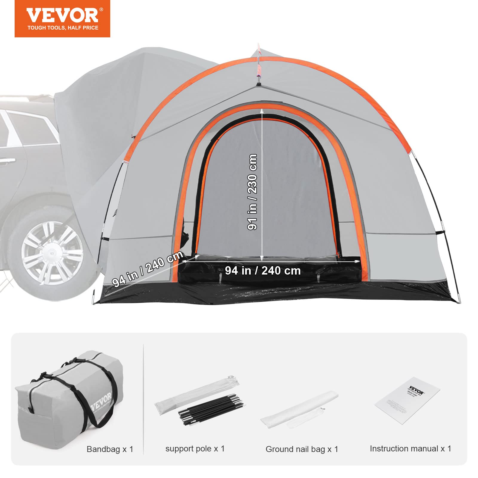 VEVOR Waterproof PU2000mm Spacious Double Layer Design, SUV Camping Tent with Shade Awning and Mesh Windows, Includes Rainfly and Storage Bag