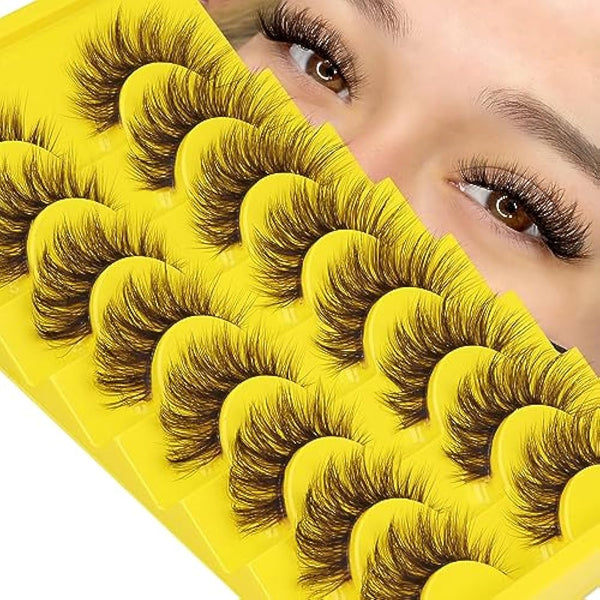 ALICE Brown Lashes False Lashes Natural Look 17mm Eyelashes Cat Eye Faux Mink Lashes with Clear Band Wispy Fake Eyelashes Lash Strips 8 Pairs