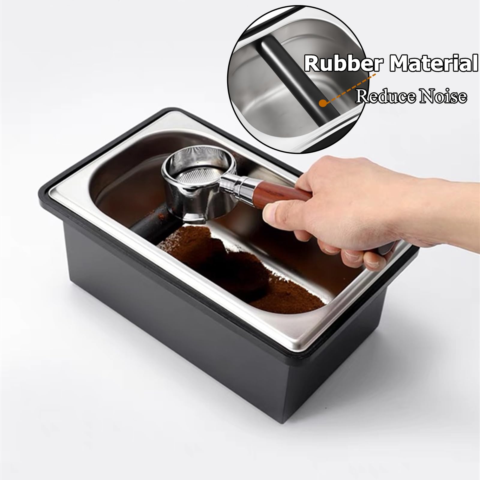 Gocoffun Espresso Coffee Knock Box, Large Size Stainless Steel Coffee Pucks Container, with Noise Reduction Rubber Ring,Silicone Bar for Knocking