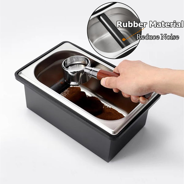 Gocoffun Espresso Coffee Knock Box, Large Size Stainless Steel Coffee Pucks Container, with Noise Reduction Rubber Ring,Silicone Bar for Knocking