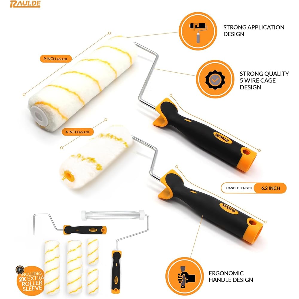 RAULDE 10 Pieces Paint Roller Set - Includes a Paint Tray, Brush, Large and Mini Rollers & Sleeves, Paint Repellent Masking Tape, Paint Mixer - Roller Set for Painting Walls, Edges & Ceilings