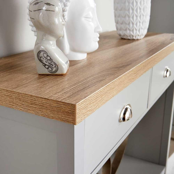 Home Source 2 Drawer Console Side Table Compact Sideboard Storage, Grey, Oak Effect