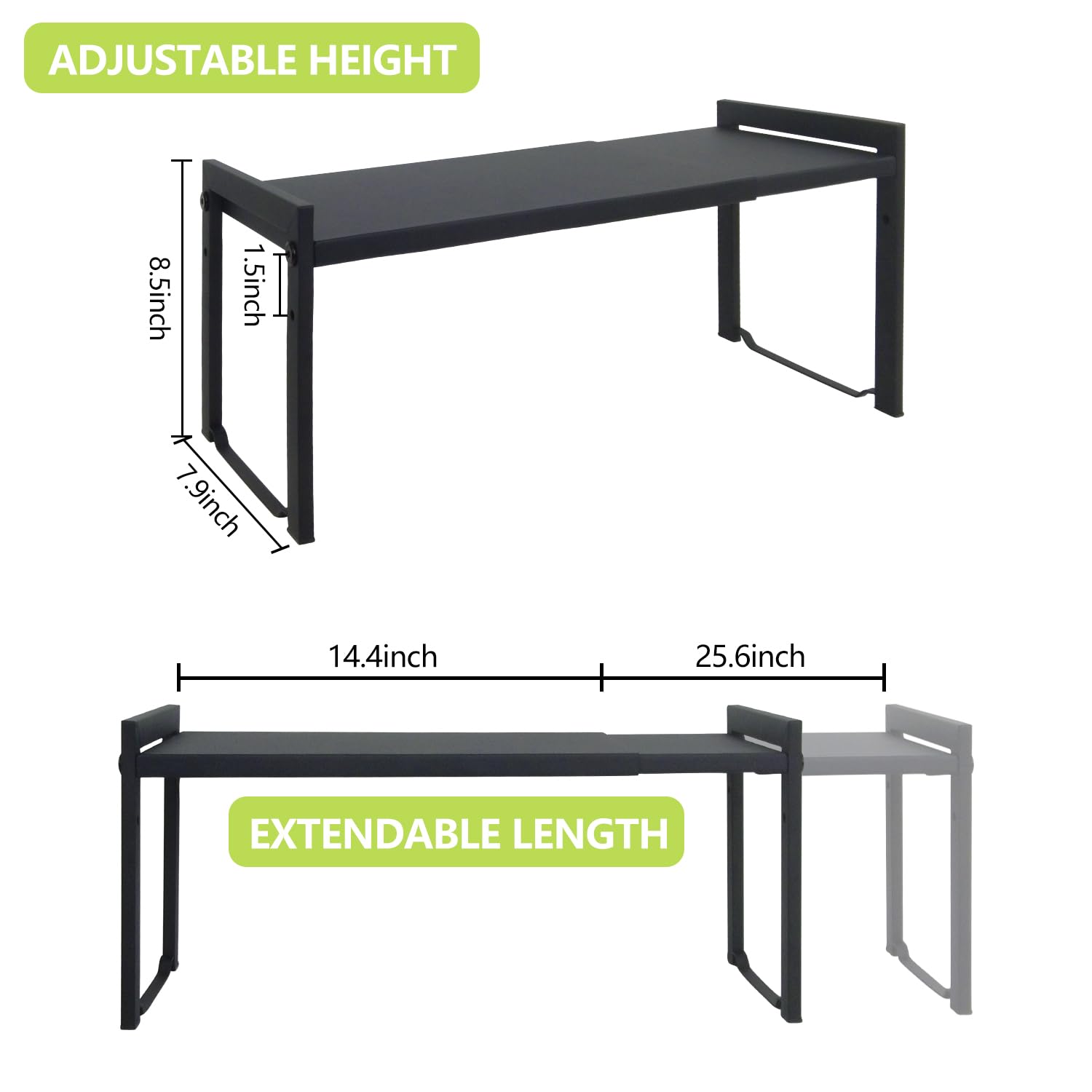 Goodsnetic 2 Packs Expandable Cabinet Shelf 13.8~26"(L), Stackable Kitchen Counter Shelf Organizer, 22LBS Heavy Duty Shelf Riser, Countertop Storage