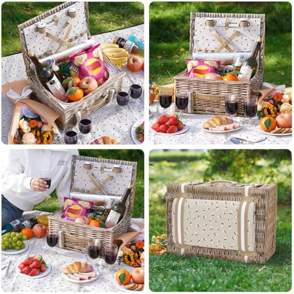 G GOOD GAIN Willow Picnic Basket Set for 4 Persons with Large Insulated Cooler Bag and Waterproof Picnic Blanket,Wicker Picnic Hamper for Camping,Outdoor,Valentine Day,Chirtmas,Thanks Giving,Birthday.