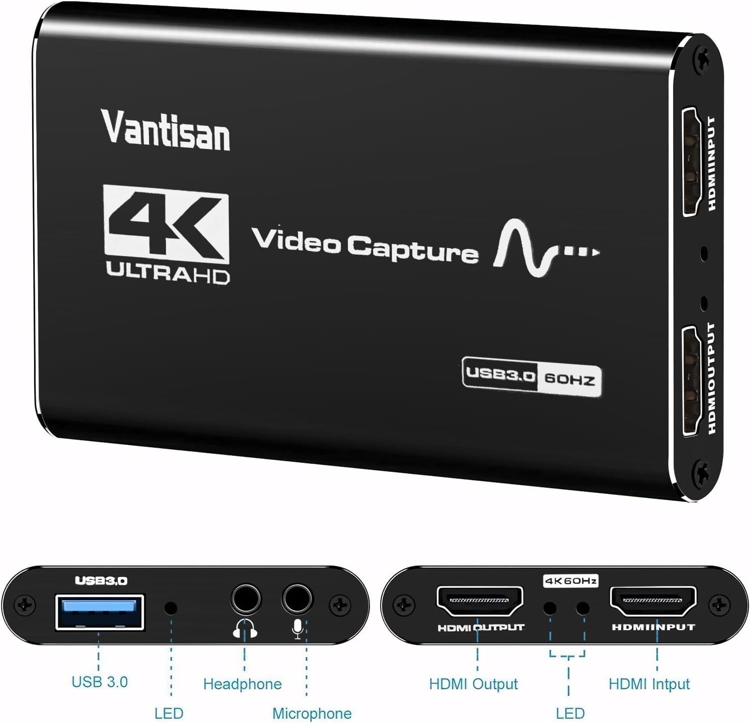VANTISAN 4K Video Capture Card, HDMI Video Capture Device with Audio+Mic, USB 3.0 Capture Card Support Full HD 1080P 60fps for Streaming/PS5 Game/Camera