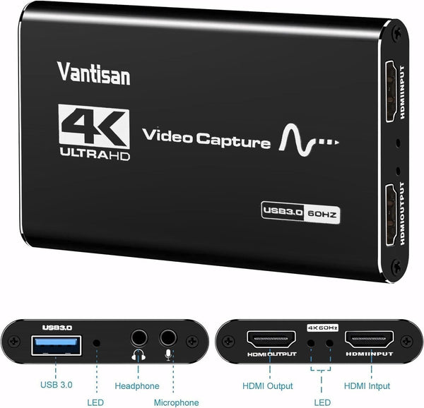 VANTISAN 4K Video Capture Card, HDMI Video Capture Device with Audio+Mic, USB 3.0 Capture Card Support Full HD 1080P 60fps for Streaming/PS5 Game/Camera