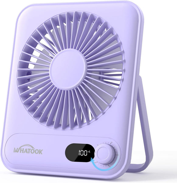 WHATOOK Mini Desk Fan USB: 2000mAh Rechargeable Ultra Quiet 1-100 Speeds Desktop Fans with LED Display, 3-10H Runtime, Child-Safe Grille Cooling Small Portable Table-Fan for Home, Office & Travel