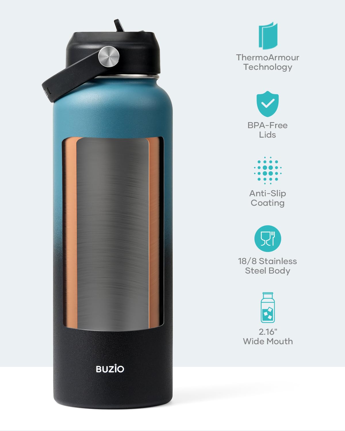 Stainless Steel Water Bottle 2L, BUZIO Vacuum Insulated Water Bottle with Straw Lid and Flex Cap Cold for 48 Hrs, Hot for 24 Hrs Double Wall Wide Mouth BPA Free Leak Proof, Black