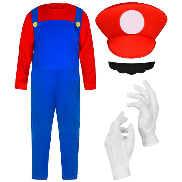 Aomig Mario Costumes, 4 Pack Mario Cosplay Costume Accessories Kits with Bodysuit, Luigi Hats Cap, Mustaches, White Gloves, Mario Luigi Bros Fancy Dress Outfit Costume for Women Men