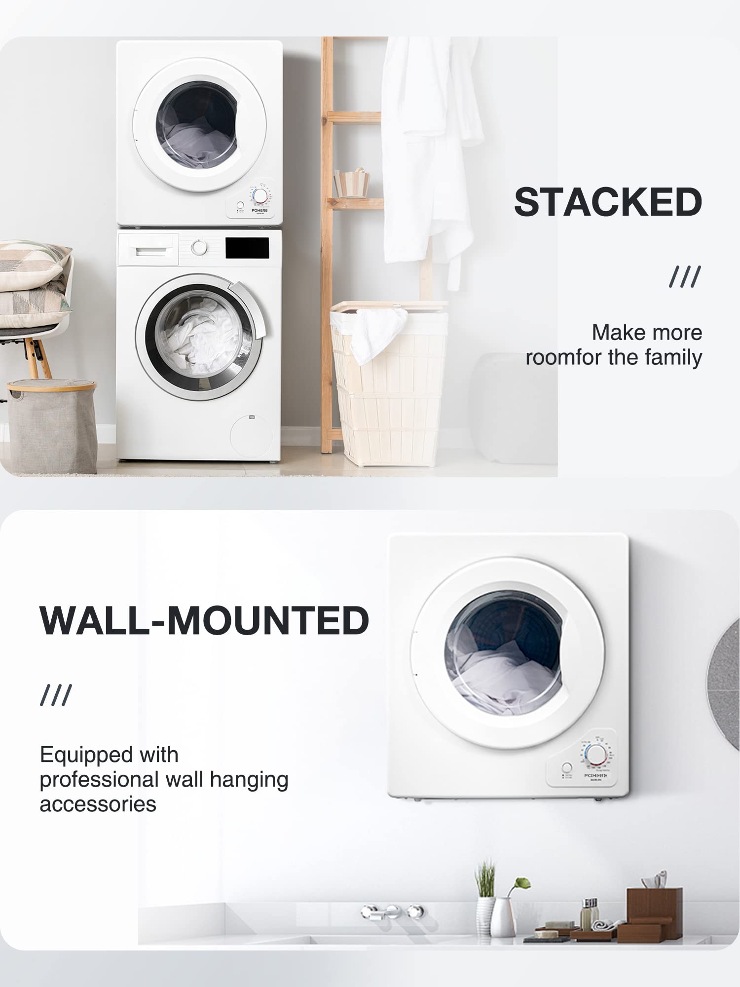 4KG Small Vented Dryer with Sensor Dry, FOHERE 1200W Compact Tumble Dryer with Stainless Steel Tub, Control Panel Downside Easy Control for 5 Automatic Drying Modes, White