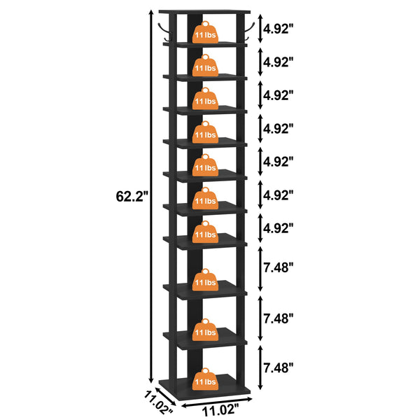HOME BI 10-Tier Vertical Shoe Rack, Corner Shoe Tower, Slim Shoe Organizer with Two Hanging Hooks, Wooden Shoe Storage Stand for Entryway, Hallway,