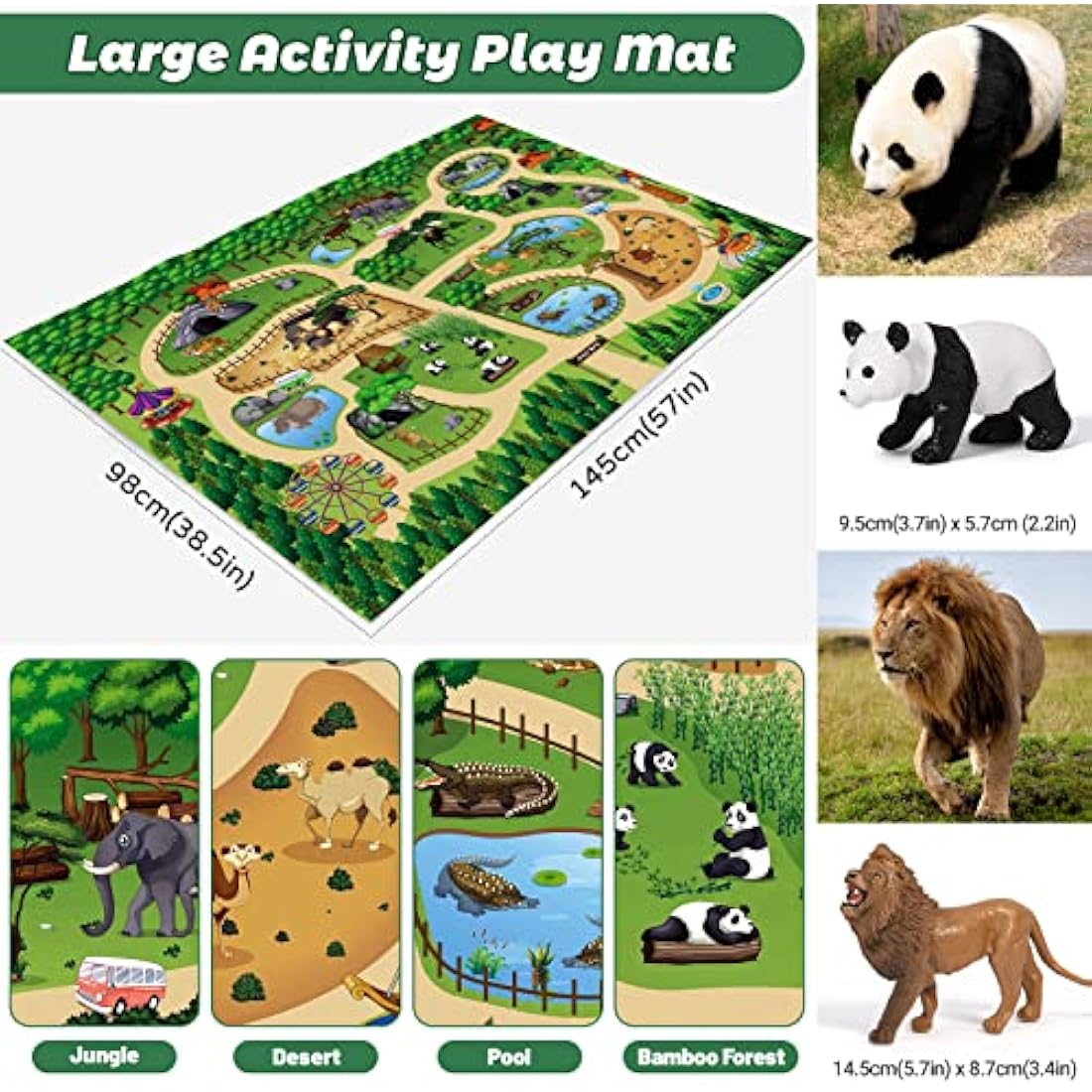 FRUSE Safari Animals Figures Toys with 145x98cm Jumbo Play Mat,12PCS Jungle Zoo Animals Playset with Lion,Elephant,Educational Learning Toys for Kids