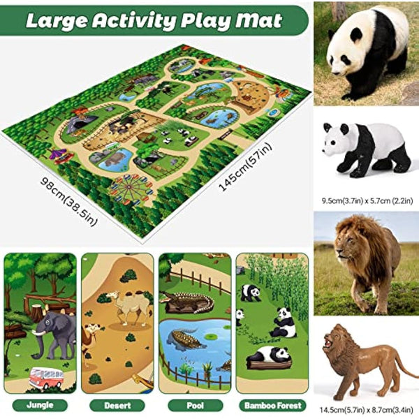 FRUSE Safari Animals Figures Toys with 145x98cm Jumbo Play Mat,12PCS Jungle Zoo Animals Playset with Lion,Elephant,Educational Learning Toys for Kids