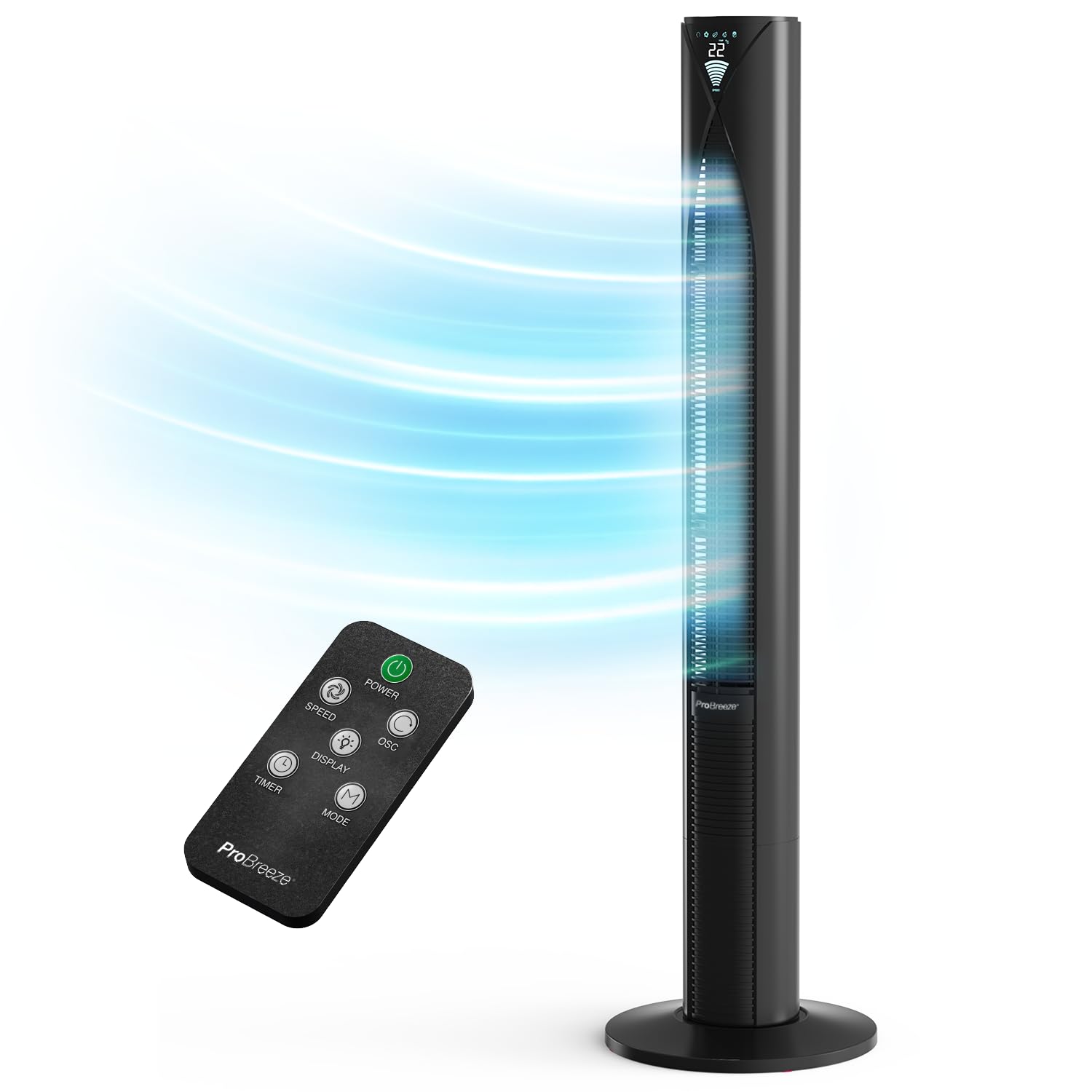 Pro Breeze Bladeless Tower Fan Quiet & Portable with Remote Control, 90° Oscillation, 15h Timer, 4 Modes, 3 Speeds - Powerful Electric 45W Motor Standing Air Circulator for Bedroom & Office